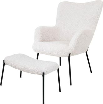 Moloo Sillón y reposapiés vintage de tejido bouclé color crudo