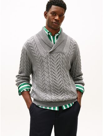 Tommy Hilfiger Mens Shawl Collar Cable Knit Sweater - Grey - XXL