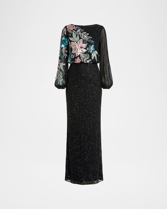 Mac Duggal Beaded Floral Sequin Column Gown