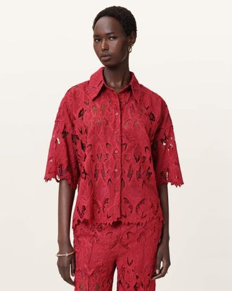 AllSaints Polyester Charli Relaxed Fit Embroidered Shirt, Size: UK 14/US 10
