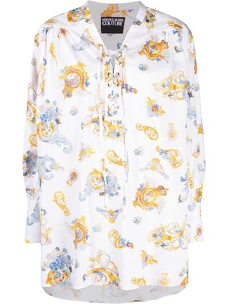 Versace Jeans Couture Barocco-print lace-up shirt - women - Spandex/Elastane/Cotton - 38 - White