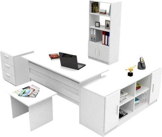 Dmora Set da ufficio Styx, Composizione da studio, Kit ufficio, Set scrivania e cassettiera, Bianco - Dmora