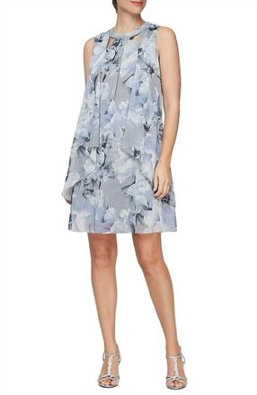 SLNY Printed Sleeveless Dress With Embellished Cutout Neckline In Silver