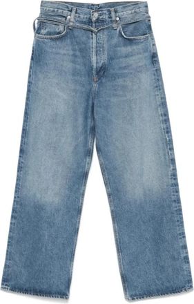 A Gold E Blauwe High-Waisted Jeans met Whiskering - Dames - Loose Fit Jeans - Blauw - W25 - Jeans