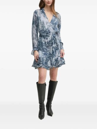 Guess Co ruffled graphic-print mini dress - women - Recycled Polyester/Polyester - M - Blue