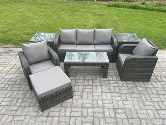 Fimous 6 Seater Rattan Garden Furniture Set with Rectangular Coffee Table 2 Side Tables Big Footstool Patio Outdoor Rattan Set in Dark Grey