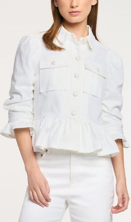 Cinq &agrave; Sept Delanie Peplum Denim Jacket in White at Nordstrom, Size Xx-Small