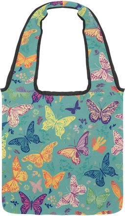 Generic Colorful Butterfly Reversible Canvas Shoulder Tote - Double-Sided Print, 12oz Cotton, 27cm Drop, Fold-Flat Bag for Travel, Shopping, Street Outings