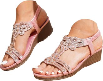 Generic Womens Wedge Sandals Dressy Summer Open Toe Low Platform Wedges Sandals Elastic Ankle Strap Flower Rhinestone Comfortable Casual Bohemian Beach Shoes 