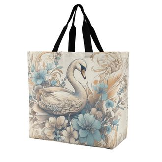 Generic Flowers And Swans Carry Bag Reusable Shoulder Bag Eco Friendly Shopping Bags For Travel Daily Use Camping