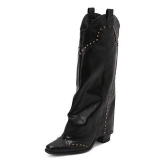 Generic Womens PU Leather Cowboy Boots With Gold Stud Detailing Pointed Toe Low Block Heels Side Zipper Slouchy Shaft Soft Inner Lining Durable Non-Slip Outso