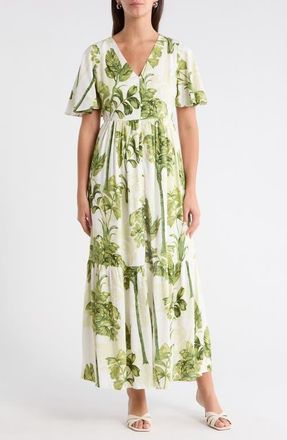 Sugarlips Floral Flutter Sleeve Dress in Cream-Green at Nordstrom, Size X-Small
