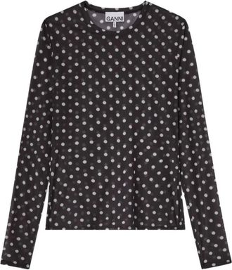 Ganni Bedrukte Sheer Longsleeve Top - Dames - Longsleeves - Zwart - S - Polyester - Tops