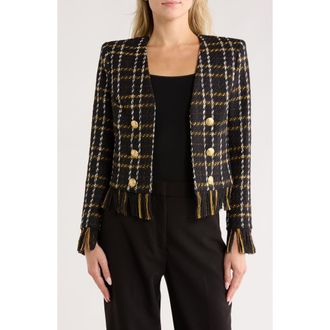 L'agence Belmont Fringe Tweed Jacket in Black Yellow Multi Plaid at Nordstrom Rack, Size 8