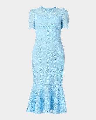 Shoshanna Darcy Geometric Lace Flounce Midi Dress