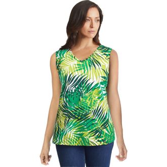 Jessica London Stretch Cotton V-Neck Trapeze Tank in Green Tropical at Nordstrom, Size Medium