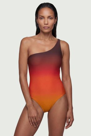Karen Millen Womens Ombre Printed One Shoulder Swimsuit - Orange Nylon - Size X-Small