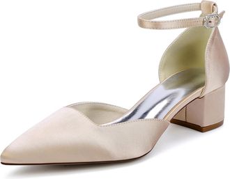 Generic Womens Block Heels Satin Bridal Wedding Shoes Pointed Toe Ankle Strap Court Prom Party Low Heels Shoes 4.5Cm,Champagne,10 UK