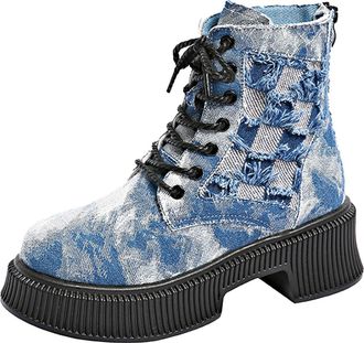 Generic Ankle Boots for Women Casual Denim Biker Booties Stylish Round Toe Versatile Low Chunky Heel Non-Slip Comfortable Lace Up Boots Walking Leisure