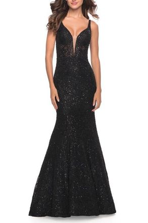 La Femme Mermaid Beaded Lace Dress with Sheer Bodice in Black at Nordstrom, Size 12