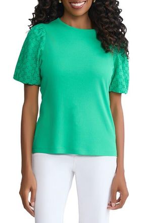 Jones New York Eyelet Puff Sleeve Crewneck Top in Kelly at Nordstrom, Size Large