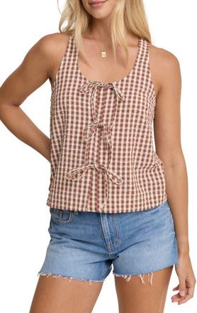 Nobody's Child Thea Gingham Tie Front Cotton Top in Brown at Nordstrom, Size 12