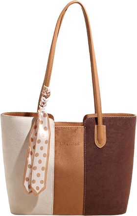 Generic Women Faux Suede Handbag Fashion Underarm Bag Contrastive Color Splicing Design Bag for Work Shopping Travel Daily