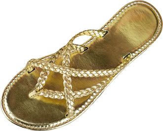 Generic 2026 Europe And The United States Large Size Low Heel Foreign Trade Ladies Flat Bottom Sandals Solid Color Beach Shoes (Gold, 6.5)