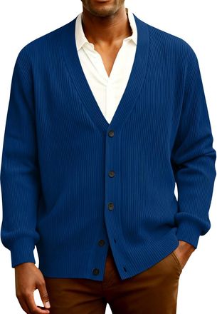 Generic Ribbed Knit Cardigan Casual Sweater Mens Winter Comfy Long Sleeve Baggy Deep NEC Sweaters Buttons Solid Cable Knit Cardigan Mens Royal Blue M
