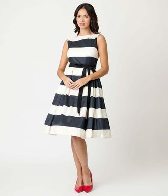 Unique Vintage Sleeveless Belted Swing Dress in Black & Ivory Stripes at Nordstrom, Size X-Large