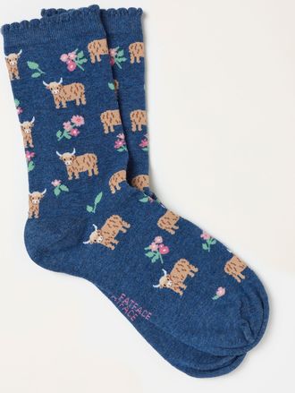Fat Face FatFace Navy Highland Cow Socks