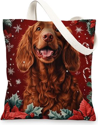 Generic Christmas Irish Setter Dog Canvas Tote Bag for Shopping 13x15, Xmas Candy Poinsettia Puppy Reusable Grocery Print Bag for Women, Holiday Pet Beach Aes