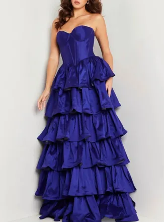 Jovani Strapless Ruffle Skirt Gown In Royal Blue
