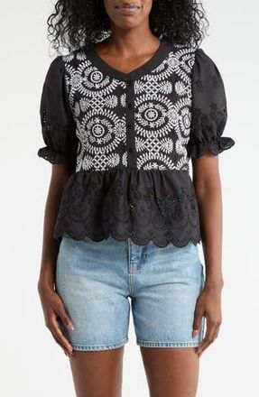 Forgotten Grace Eyelet Embroidered Short Sleeve Button-Up Shirt in Black/White at Nordstrom Rack, Size X-Large