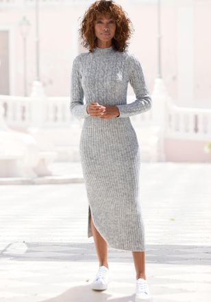 Lascana Strickkleid LASCANA, Damen, Gr. 34, N-Gr, grau (grau meliert), Strick, Obermaterial: 84% Polyacryl, 10% Polyamid, 6% Polyester, meliert, figurbetont c