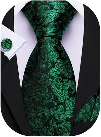Barry.Wang Mens Paisley Tie Green Silk Necktie Pocket Square Cufflinks Set Wedding Christmas