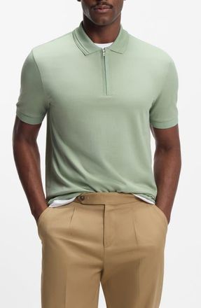 BOSS Paras Solid Lyocell & Cotton Zip Polo in Open Green at Nordstrom, Size Xx-Large