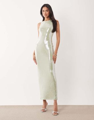 Ra-Re London - Vestito midi verde chiaro con scollo a vogatore e paillettes