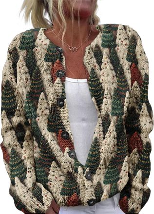 Generic Christmas Womens V-Neck Button Cardigan - Casual Knitted Long Sleeve Sweater Printed Cardigan (UK, Alpha, 5XL, Regular, Regular, 11)