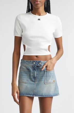 Courr&egrave;ges Ribbon Cutout Crop Rib T-Shirt in Heritage White at Nordstrom, Size X-Small
