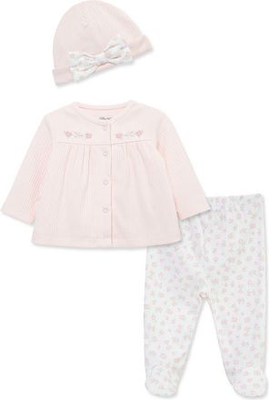 Little Me Pretty Floral Organic Cotton Cardigan, Pants & Hat Set in Pink at Nordstrom, Size Newborn
