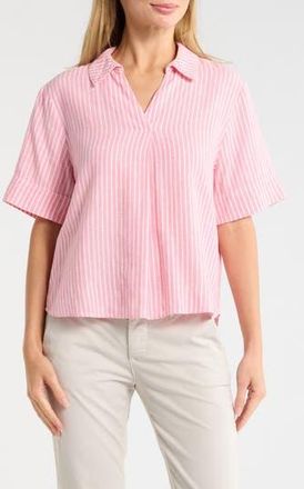 Caslon Stripe Linen Blend Popover Top in Pink Zenna- Ivory Penny Stripe at Nordstrom Rack, Size X-Small