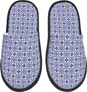 Generic Camping Slippers Blue And White Porcelain Chinaware Print House Shoes Soft Sleepers Anti-Slip Sole Fuzzy Slippers For Winter Women & Men Autumn M