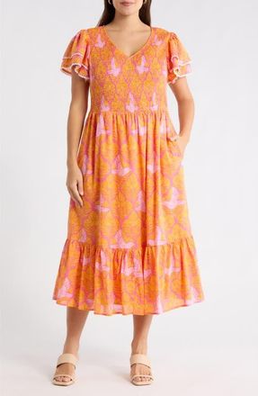 Sugarlips Jaidy Floral Patte Tiered Midi Dress in Orange-Pinks-Multi at Nordstrom, Size 1 X
