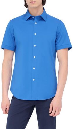 Bugatchi Miles OoohCotton Solid Short Sleeve Button-Up Shirt in Classic Blue at Nordstrom, Size Small