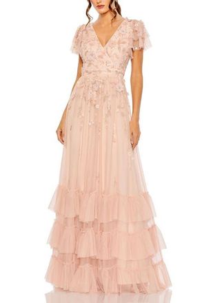 Mac Duggal Ruffle Tiered Embellished Faux Wrap Flutter Sleeve Gown in Blush at Nordstrom, Size 12