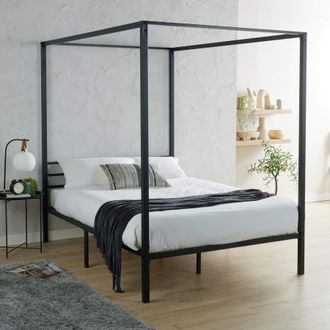 Home Source Industries Sierra Modern Metal Canopy Bed 4 Poster Black Frame Home Bedroom | Size: Double