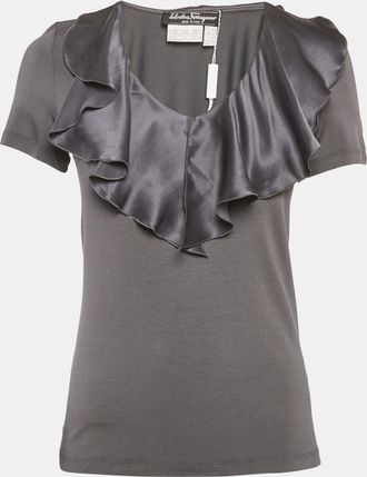 Ferragamo Grey Knit & Silk Ruffle Neck Top