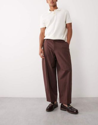 Asos Pantaloni eleganti bombati marrone effetto lino con cintura-Blu navy