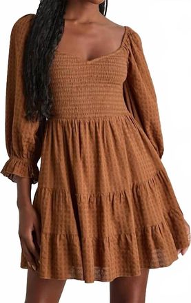 Lulus Charming Afternoon Balloon Sleeve Mini Dress In Tan Gingham